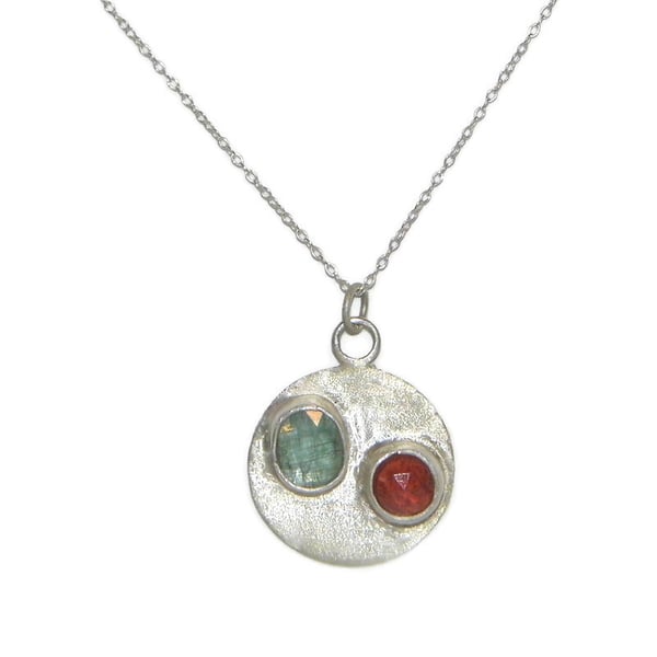 Rose Cut Green Kyanite and Hessonite Garnet Sterling Silver Disc Pendant 