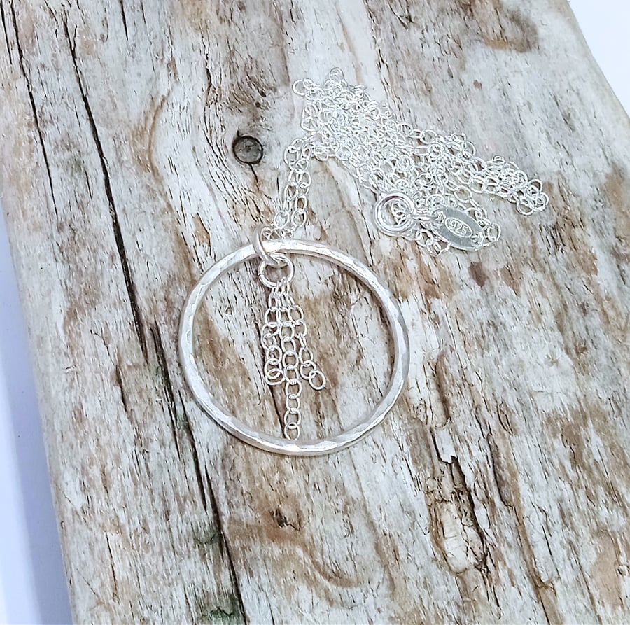 Textured Sterling Silver Hoop Pendant Necklace (NKSSPDHP7) - UK Free Post