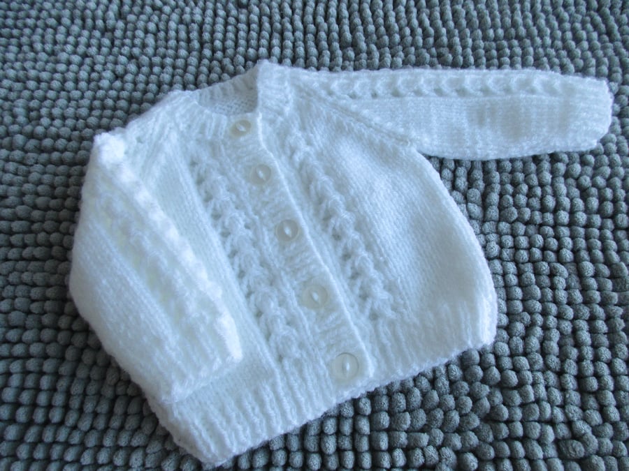 12" Patterned Baby Girls Round Neck Cardigan (White)