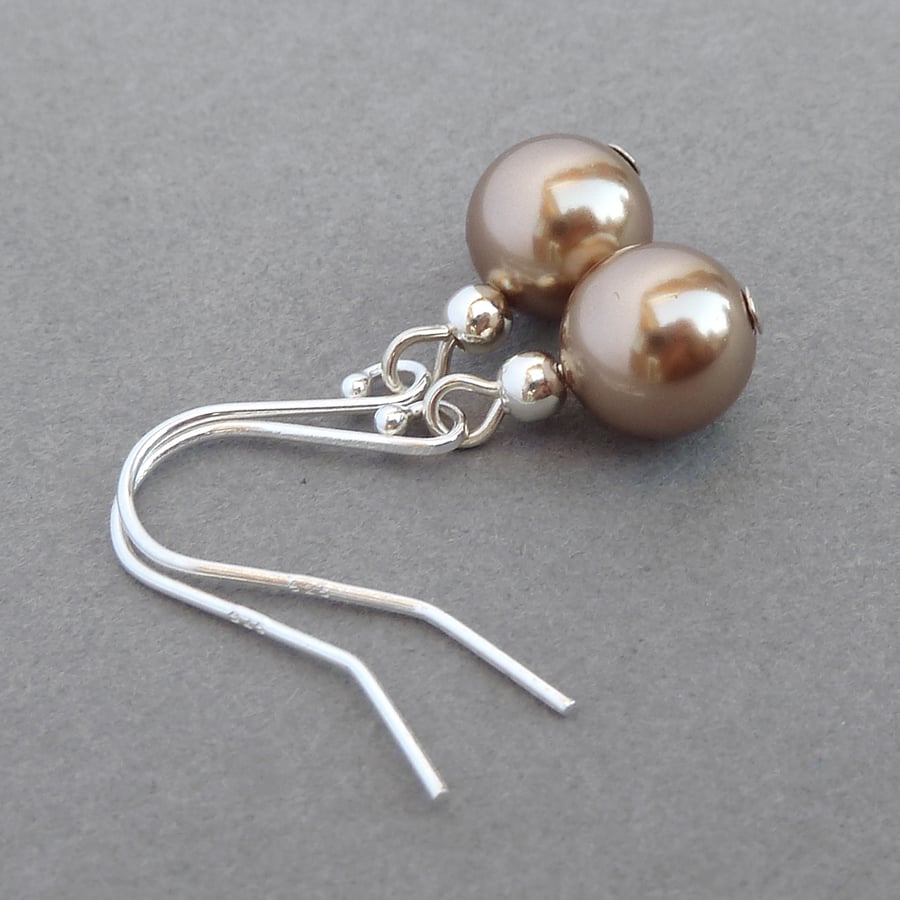 Simple Bronze Pearl Drop Earrings - Everyday Light Brown Dangle Earrings - Gifts