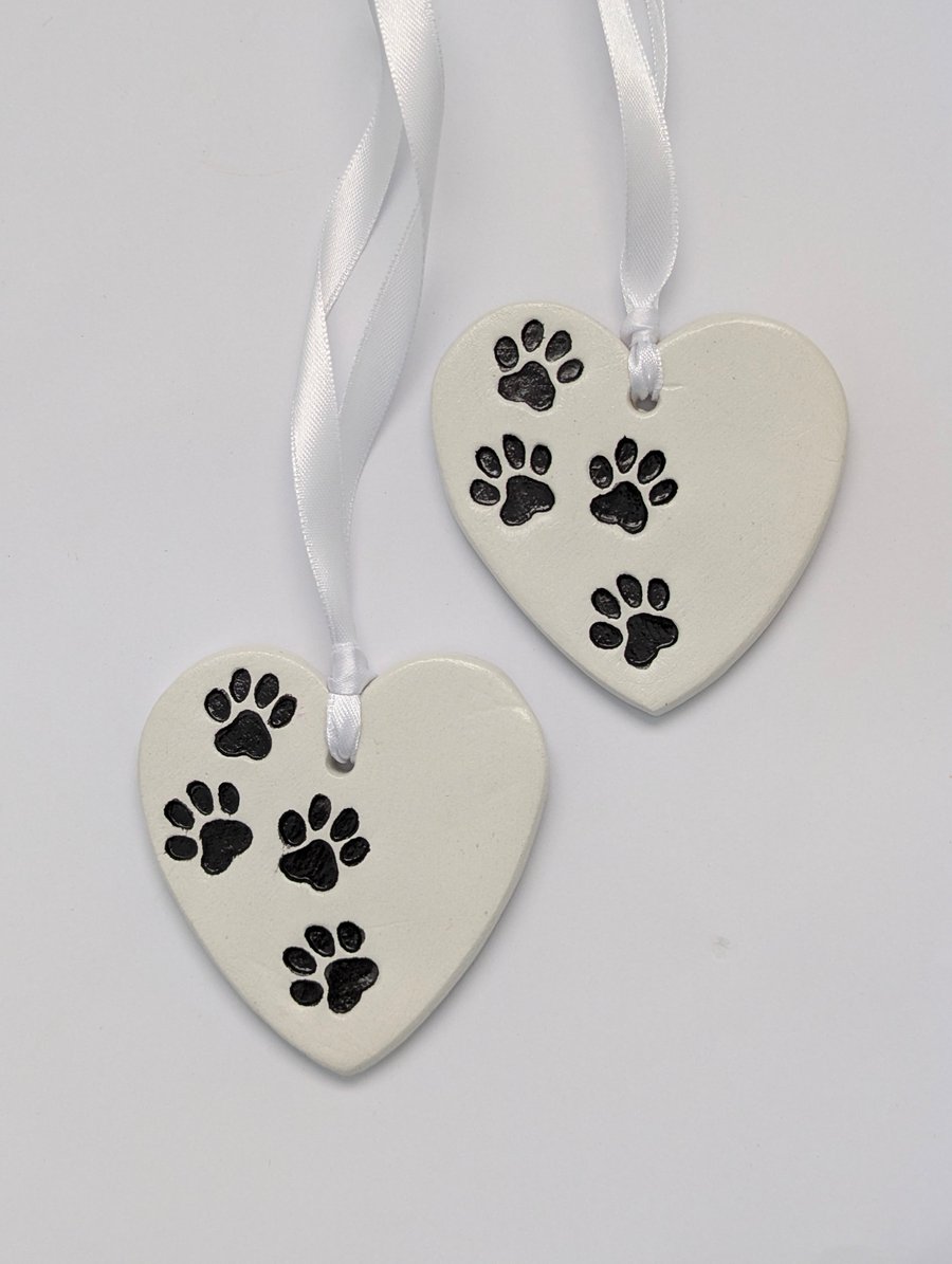 Paw print embossed clay heart hanging decoration, gift for a cat or dog lover 