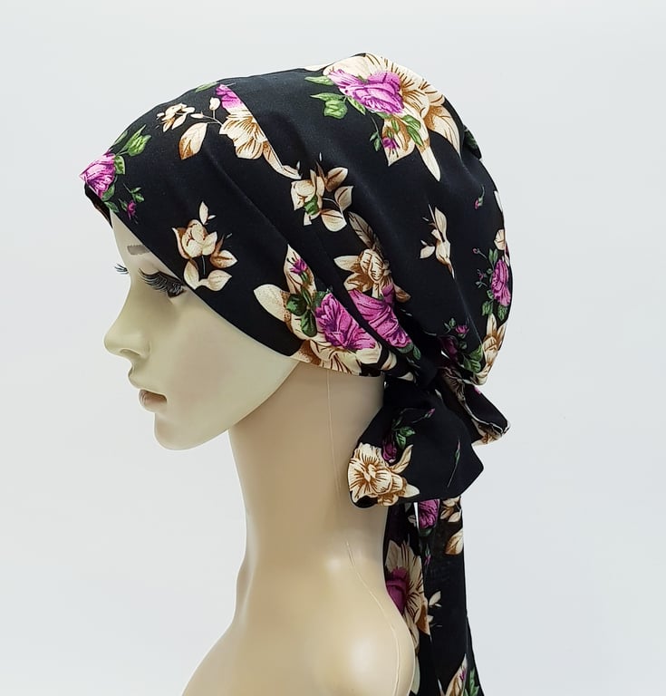 Chemo head wear, alopecia hair loss head scarf, bonnet with ties, bandanna