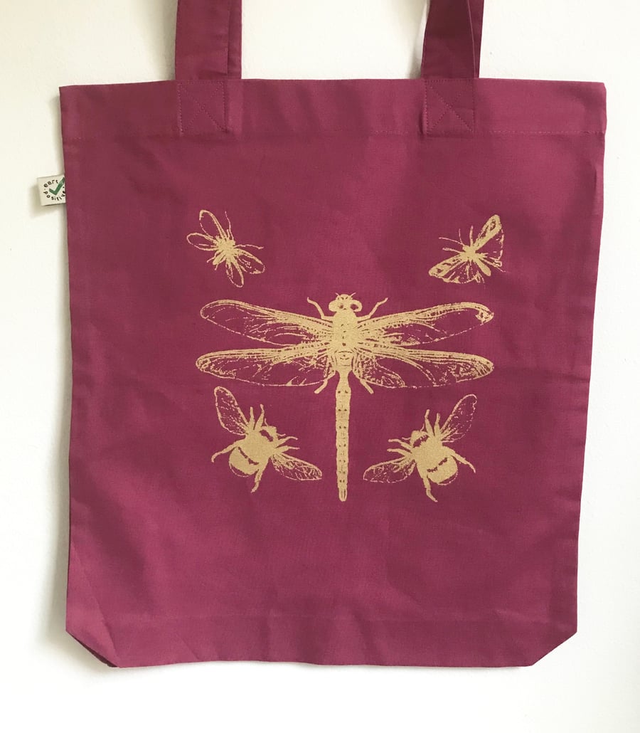Dragonfly Bees organic cotton tote bag raspberry pink with gold insects print