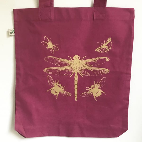 Dragonfly Bees organic cotton tote bag raspberry pink with gold insects print