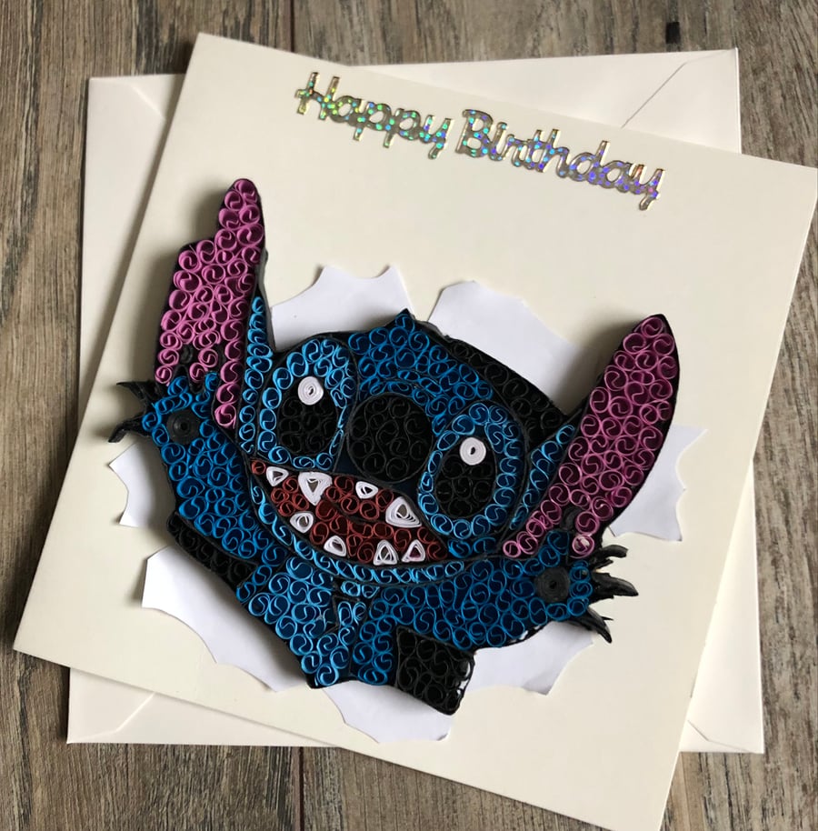 Handmade quilled Stitch  birthday card