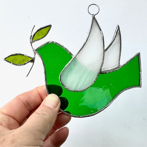 Stained Glass Dove Suncatcher - Hand Made Hanging Decoration - Green