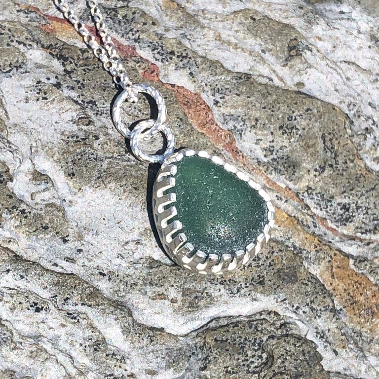 Dark Green Sea Glass and Sterling Silver Pendant Necklace - 1222