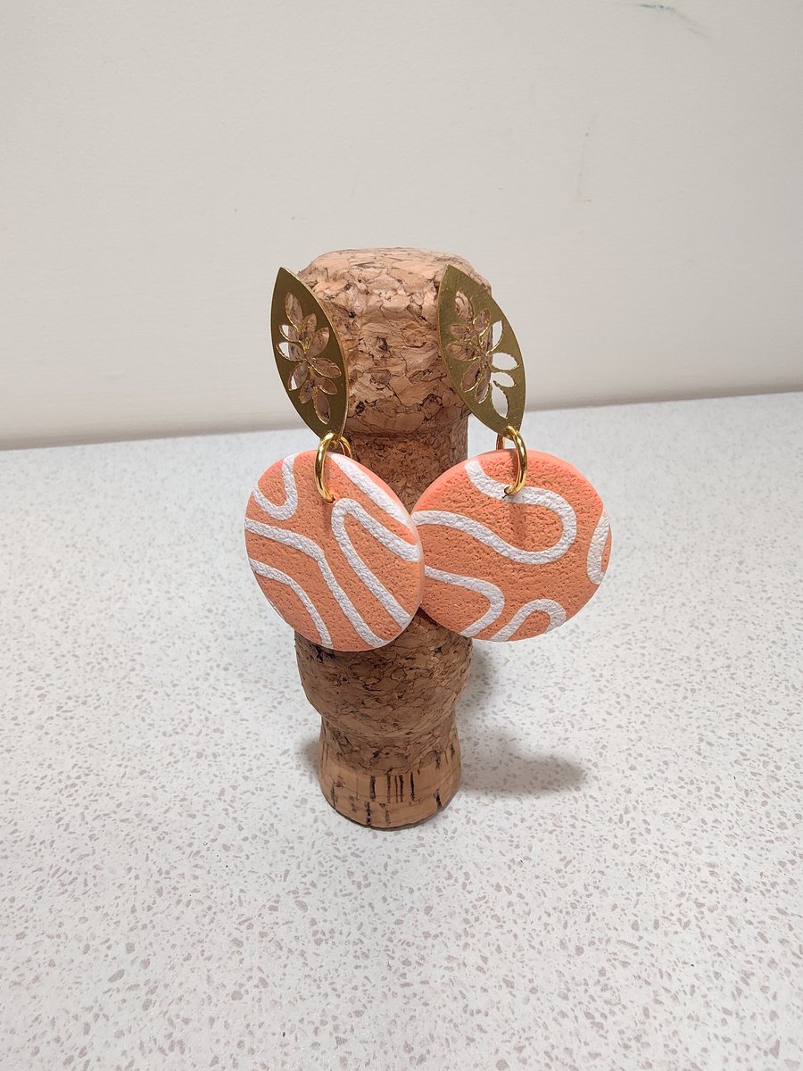 Soft Coral Squiggles large circle dangle earrings 