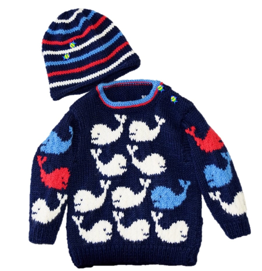 Knitting Pattern Whale Baby Sweater and Hat.  Digital Knitting Pattern