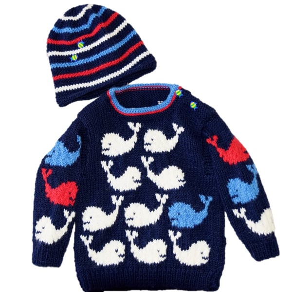 Knitting Pattern Whale Baby Sweater and Hat.  Digital Knitting Pattern