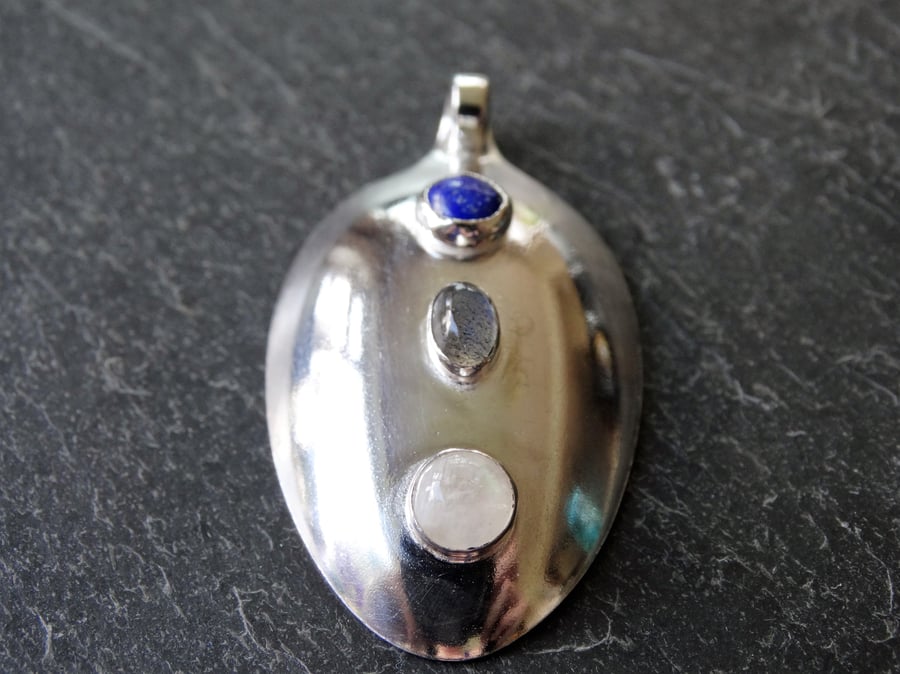 Sterling silver Georgian teaspoon, recycled pendant. Lapis lazuli, labradorite