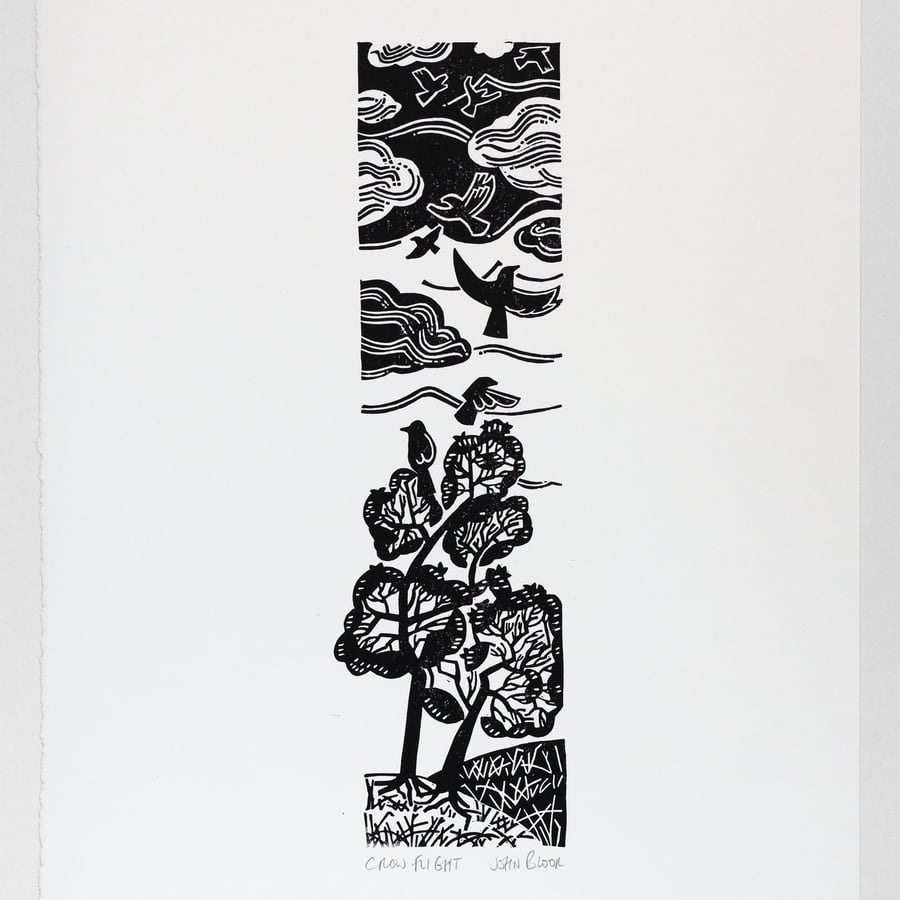 "Crow Flight" lino print, crows flying up from trees linocut