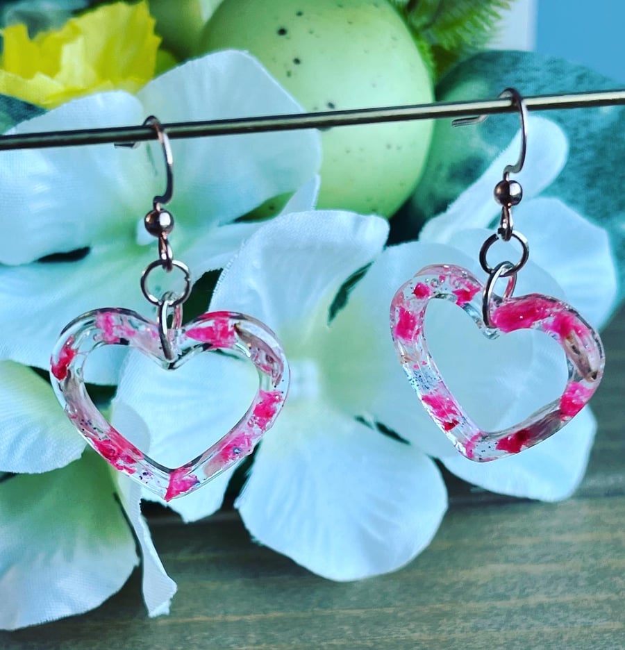 Pink floral heart dangle earrings  