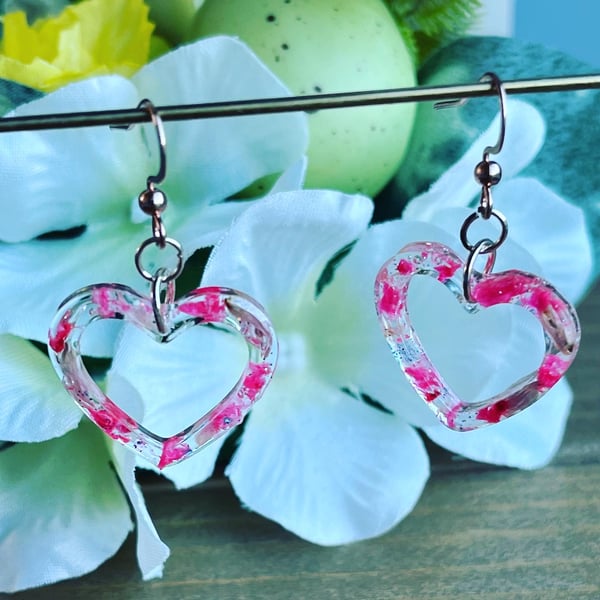 Pink floral heart dangle earrings  