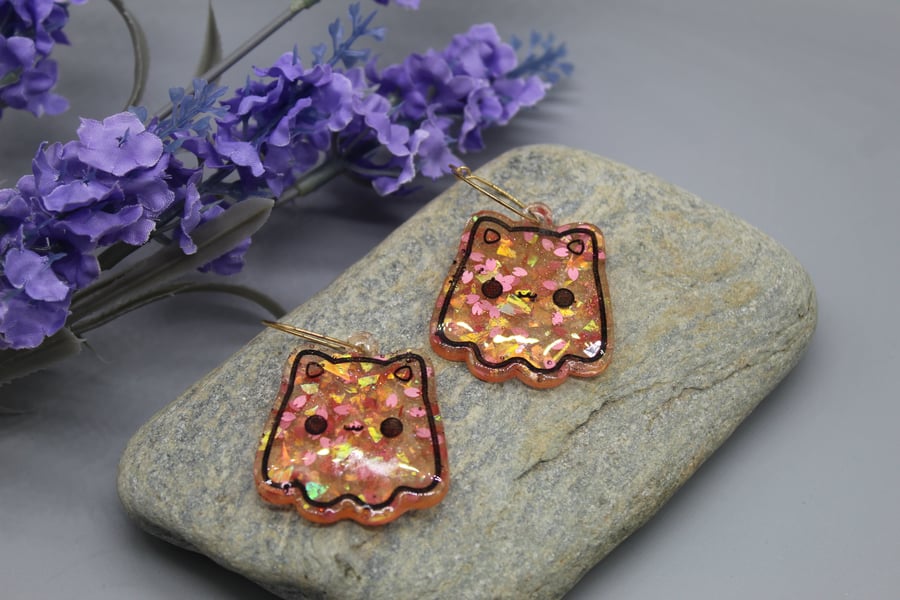 Cat Ghost Earrings, Cat Earrings, Resin Cat Earrings, Summerween, Halloween