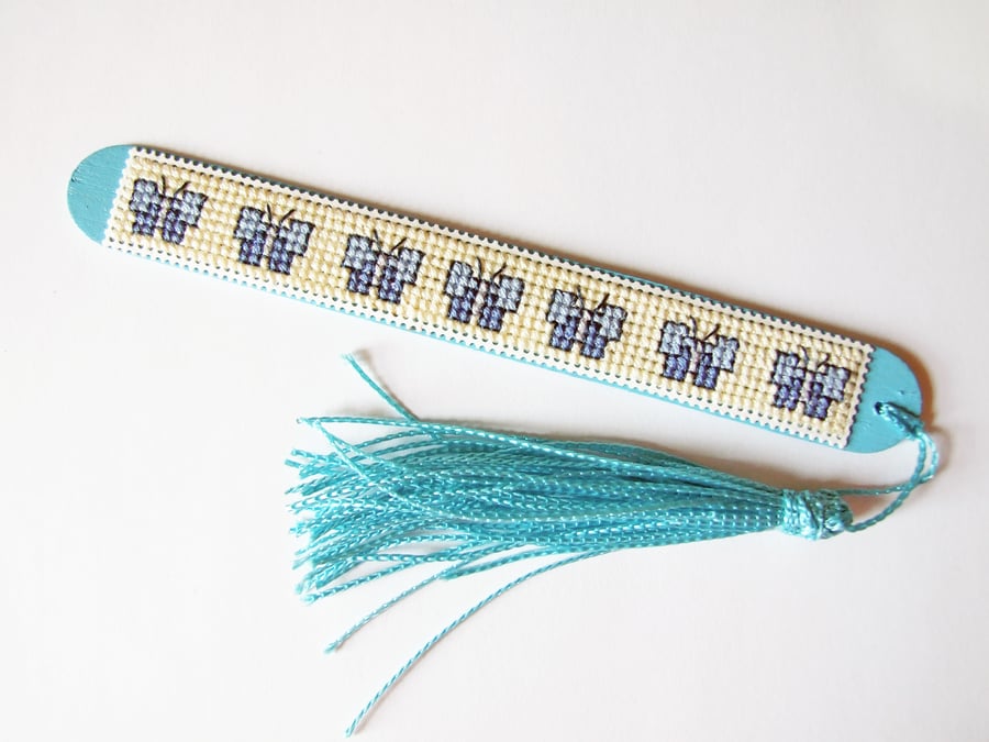 Blue Butterflies Cross Stitched Wooden Bookmark with Turquoise Tassel