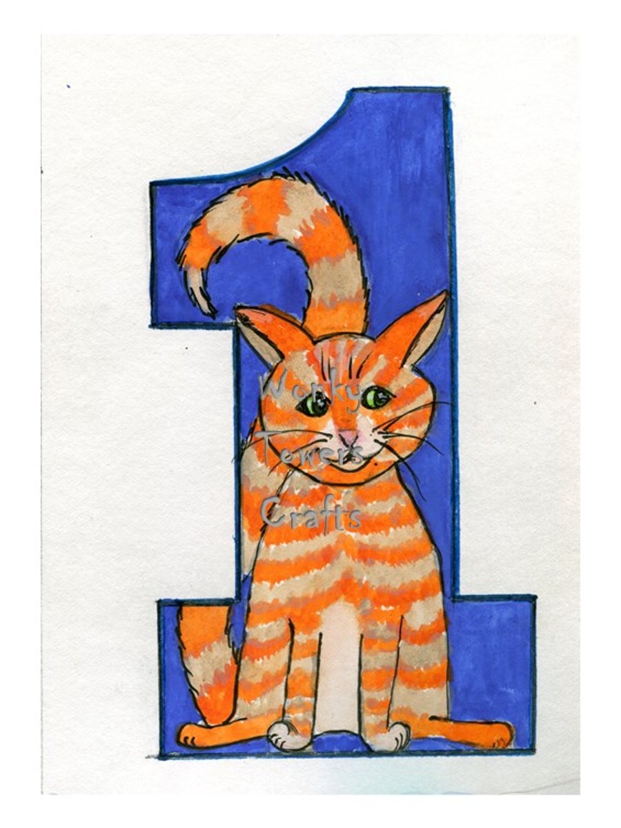 Hand painted number cards for birthday or anniversary.. CAT AND BEAR NUMBERS