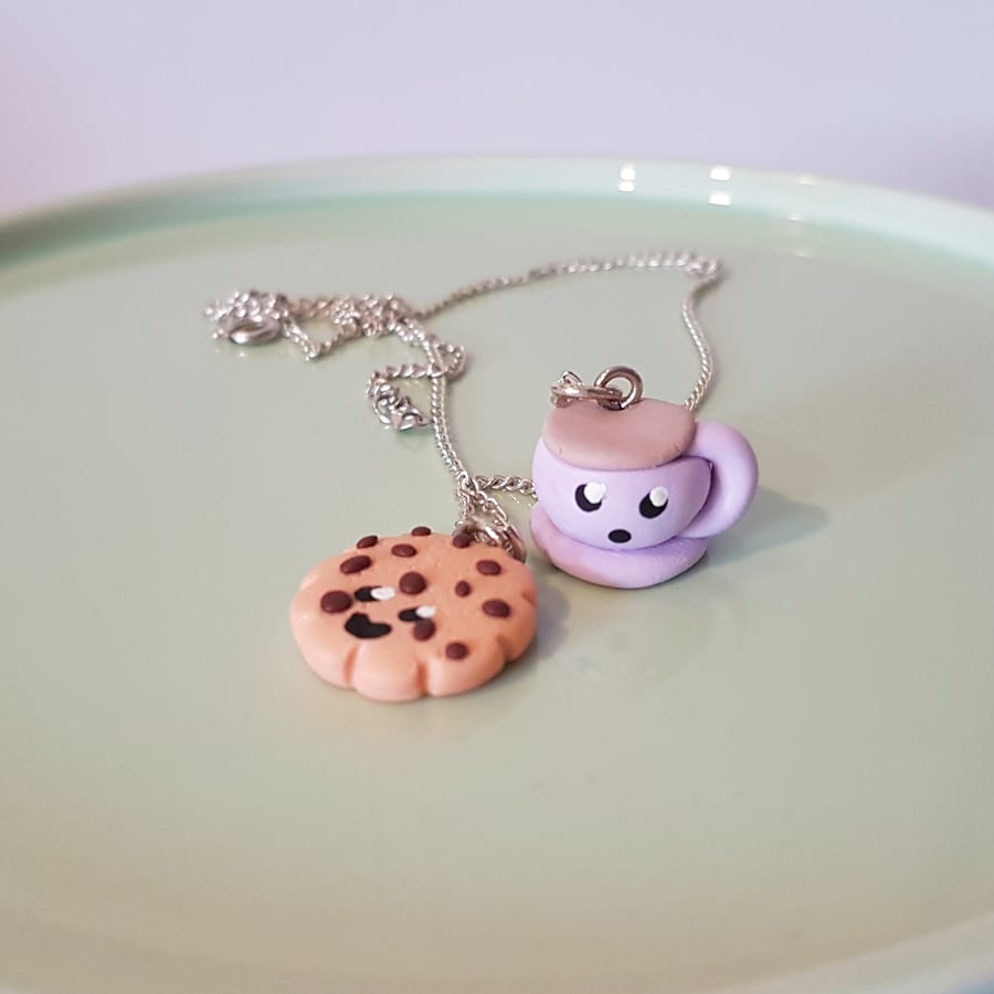 KAWAII Cup of Tea and Cookie necklace - handmade, unique, gift, cute