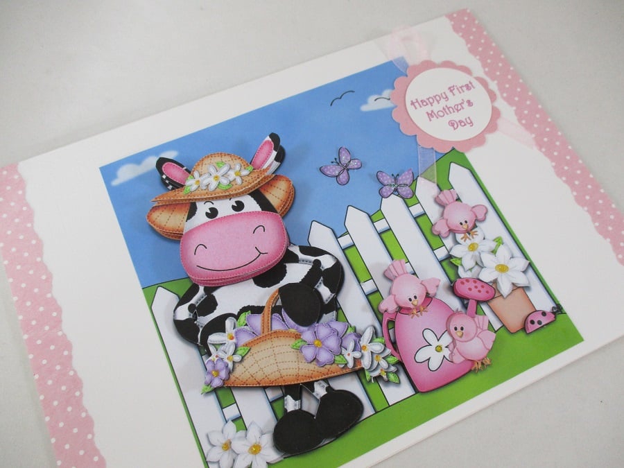 Handmade First Mother's Day Cute Cow Card, 3D, Decoupage,Personalise