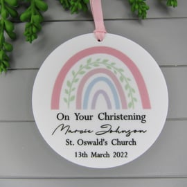 Personalised Christening gift, Godchild Gift Keepsake, Pink Rainbow Ornament