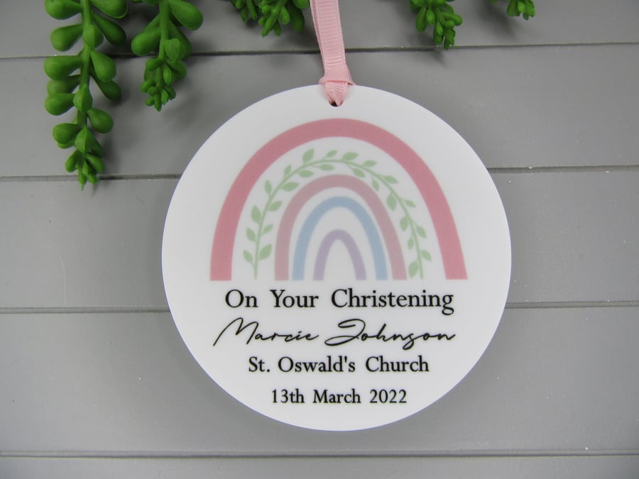 Personalised Christening gift, Godchild Gift Keepsake, Pink Rainbow Ornament