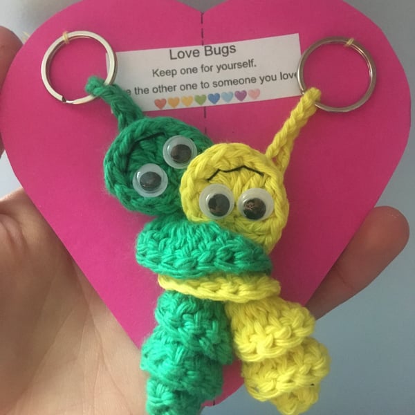 Crochet Love Bug Keyring - Yellow And Green - Valentines Gift