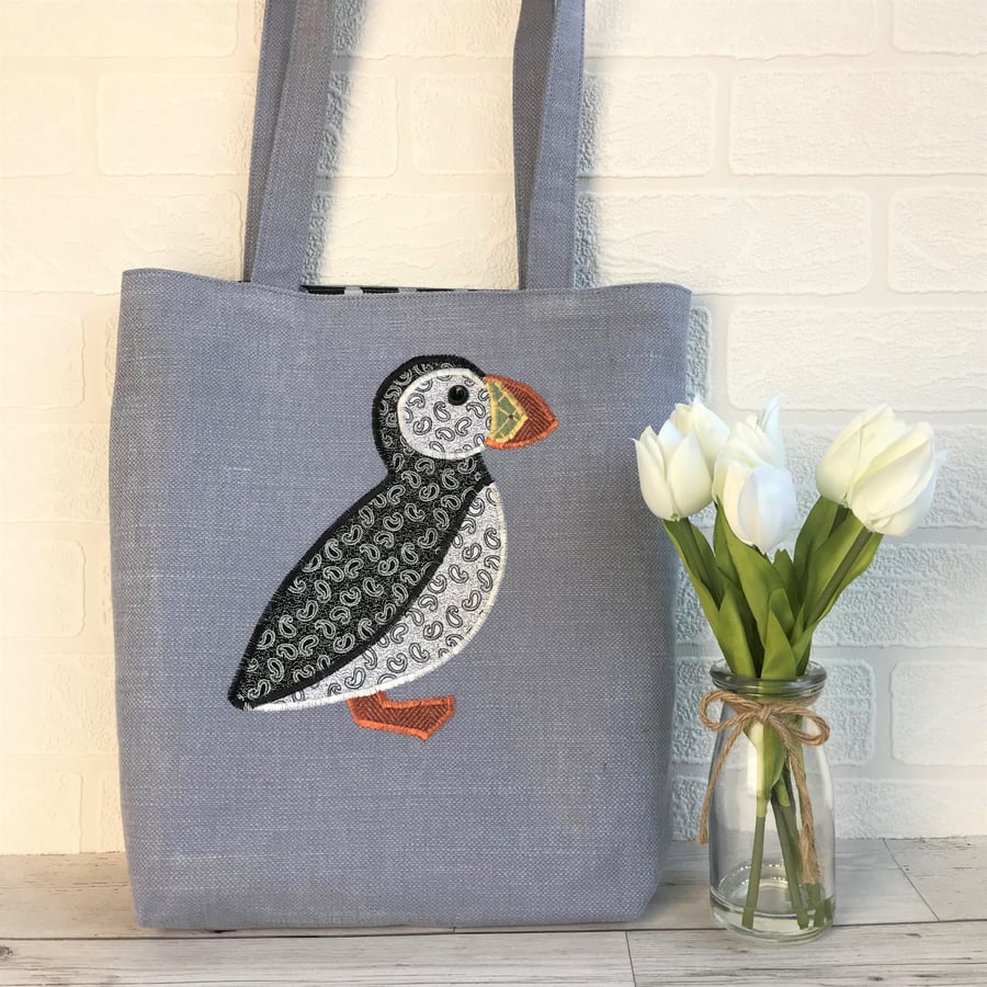 Puffin tote bag in pale blue with black and white paisley pattern Puffin