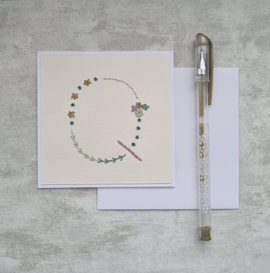 Letter Q Embroidered Card, Personalised Bridesmaid Card, Birthday Keepsake Card