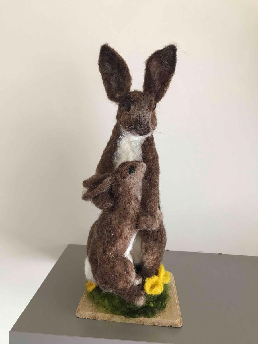 Needle felted rabbit with baby soft sculpture 