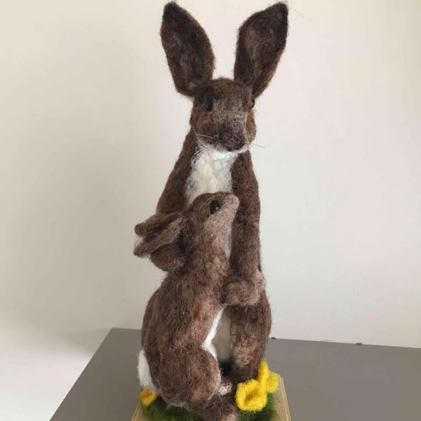 Needle felted rabbit with baby soft sculpture 