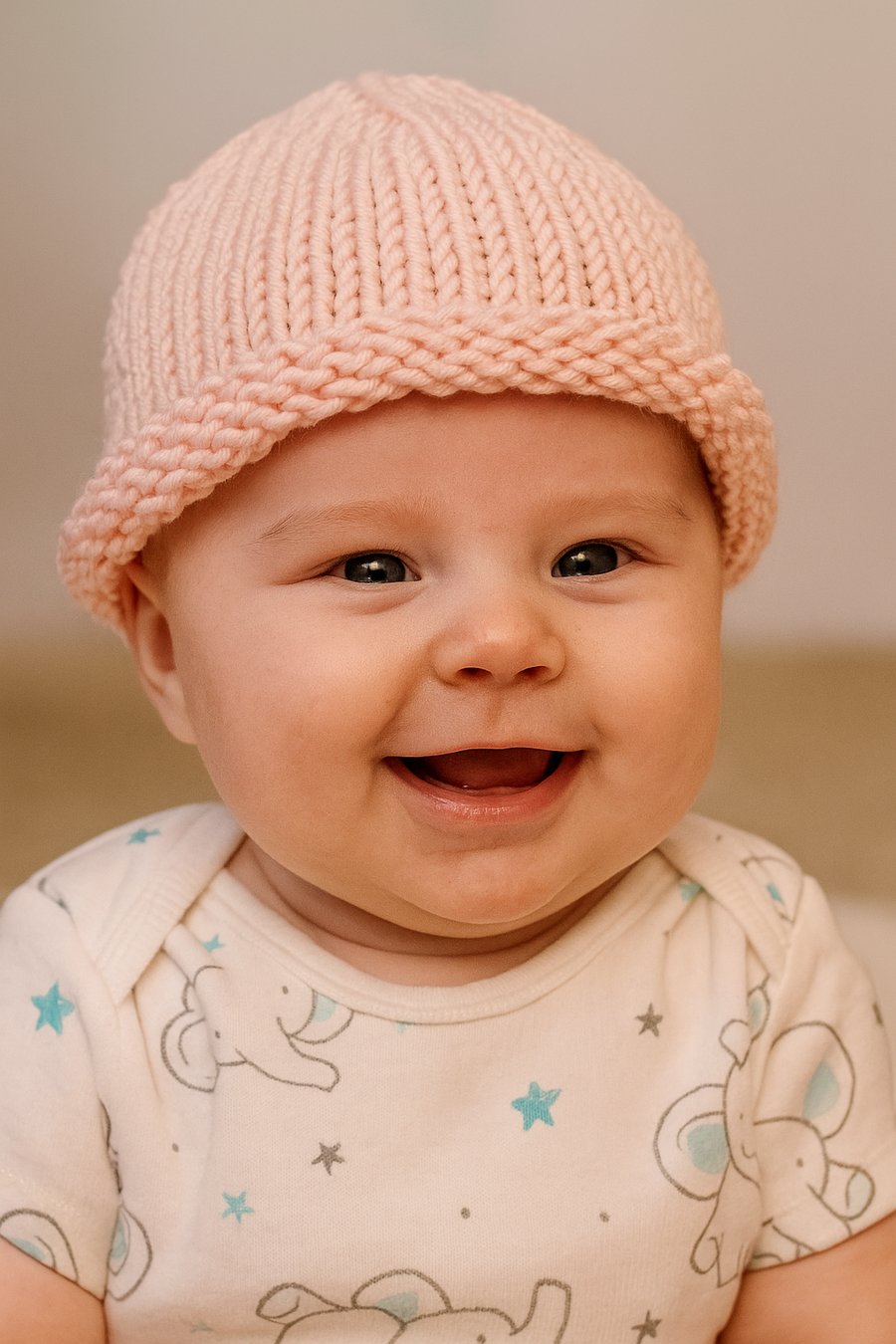 baby handknitted beanie hat in peach 3-6 months size