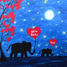 New Baby Card, Elephant Heart, Baby Boy Card, Moon Stars Tree, Night Sky Art