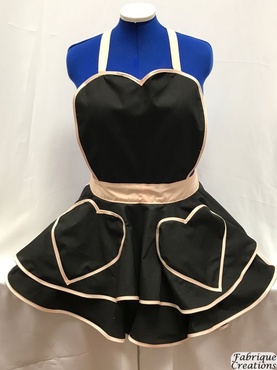 Retro Vintage Style Full Apron - Black with Peach Trim and Heart Shaped Top