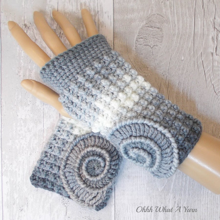 Grey and white ombre ammonite ladies crochet gloves, finger less gloves.  