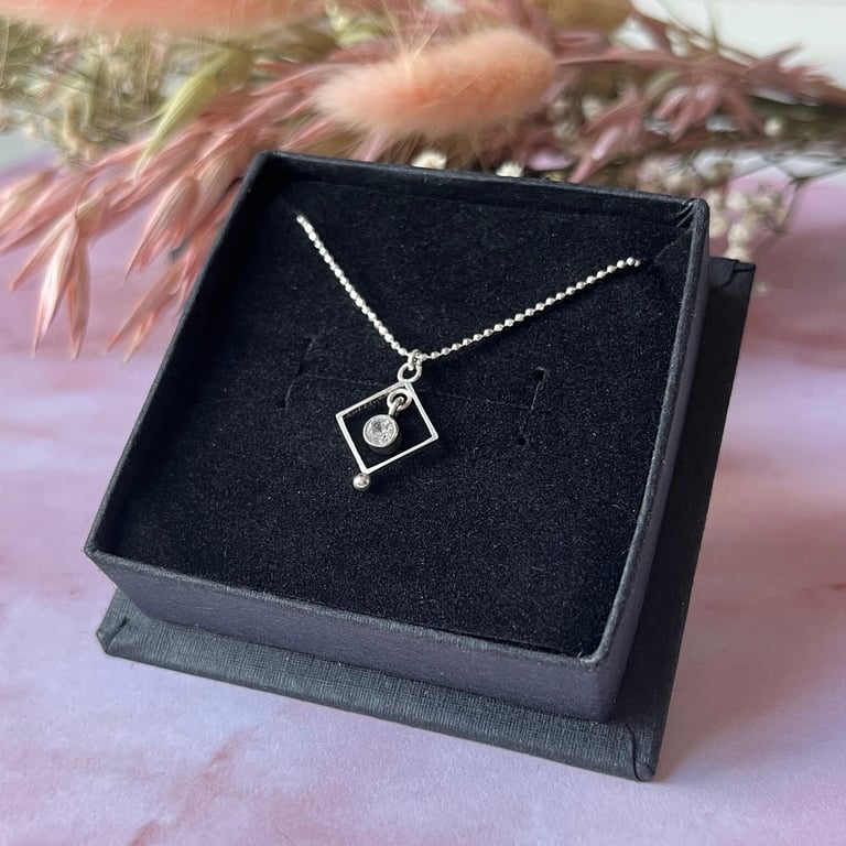Petite Square CZ Pendant on 18" Diamond Cut Ball Chain - Handmade