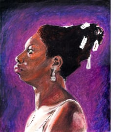 Portrait of Nina Simone. Original oil pastel, signed by the artist