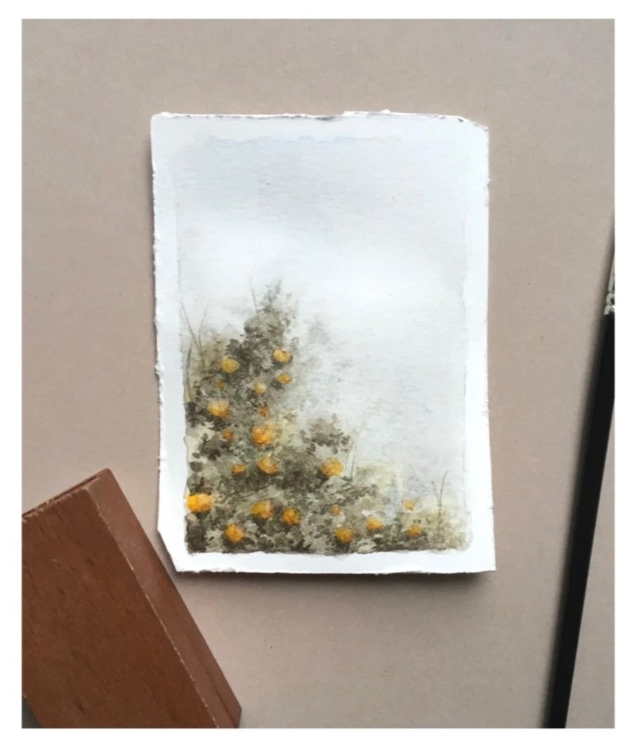 Yellow roses and wild flowers small original watercolour painting