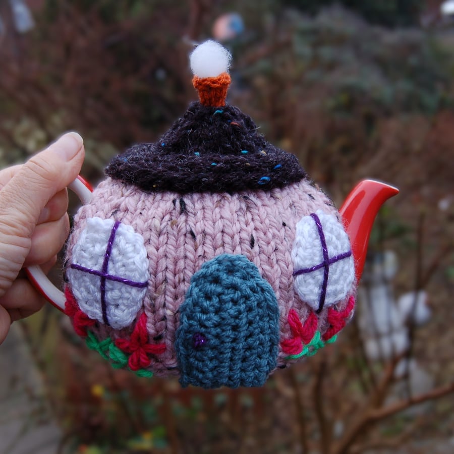 Knitted tea cosy - Fairy cottage design  to fit a one two cup teapot