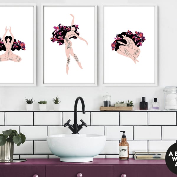 Home Decor Bathroom art prints set of 3, Botanical, Tropical Spa Bathroom Decor,