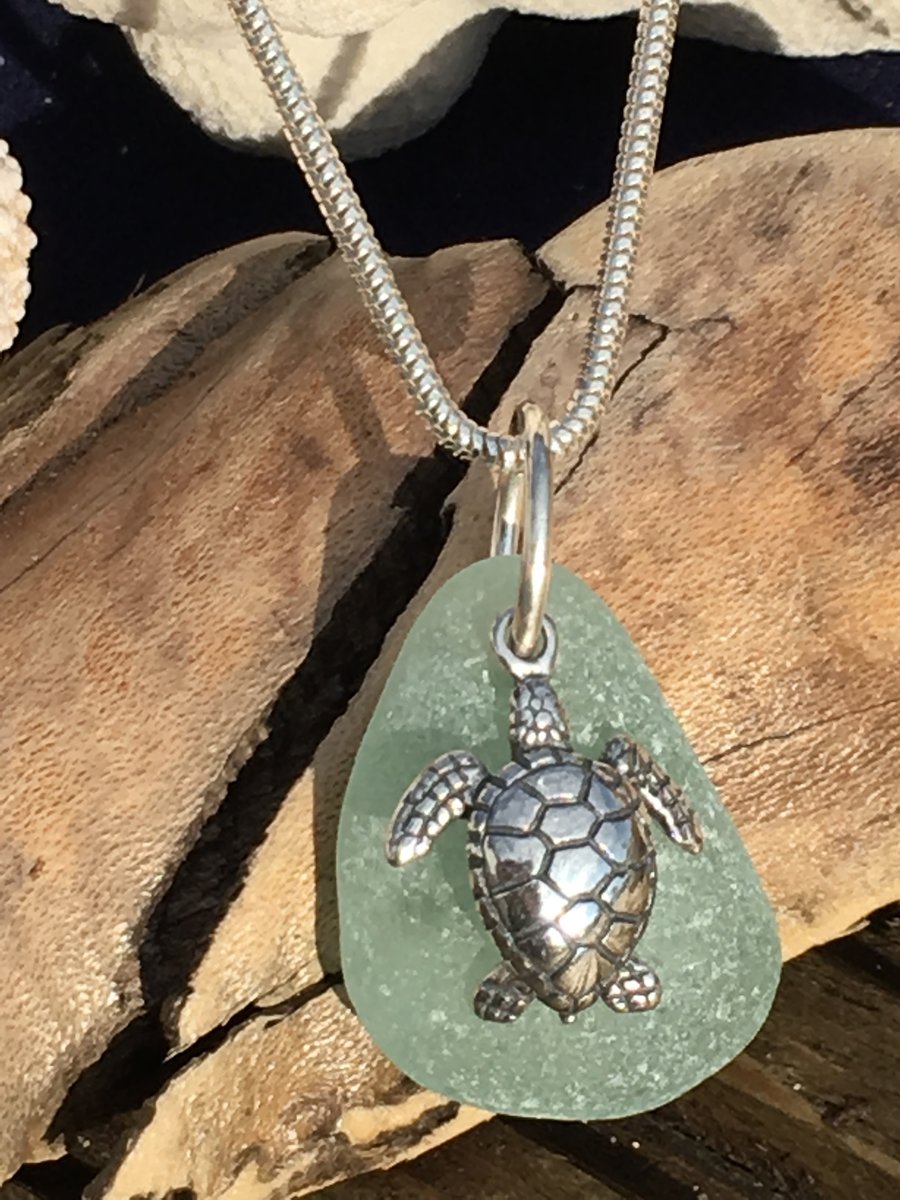 Sea Glass & Sterling Silver Necklace with Sea Turtle Charm