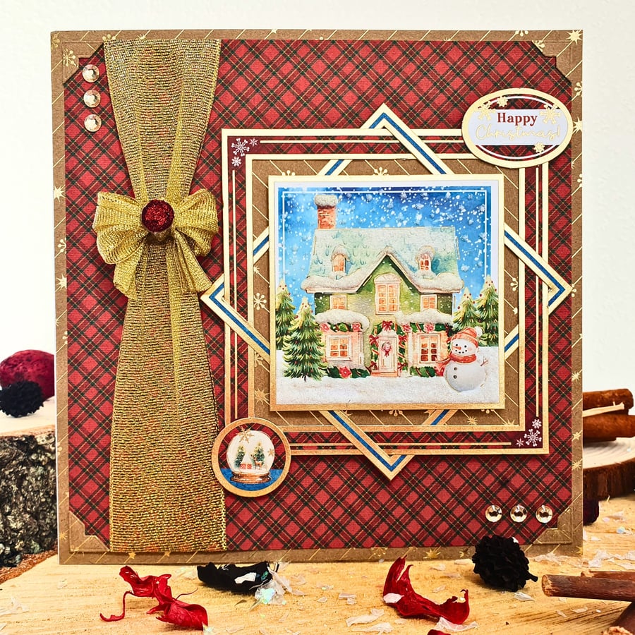 Happy Christmas Handmade Card With Snowy Scenery & Gold Ribbon Bow On Tartan