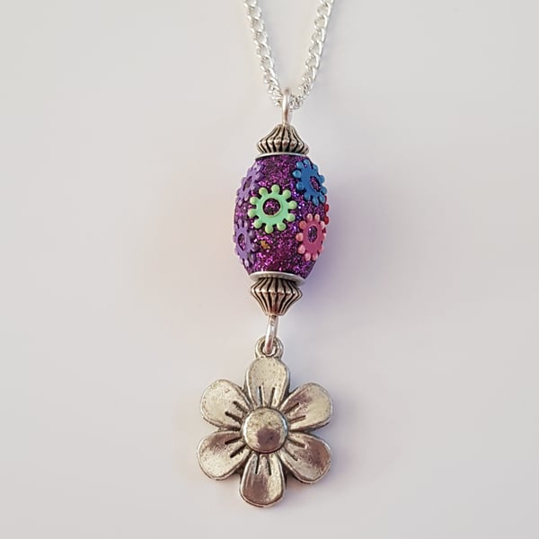 Purple Flower Necklace - Glitter Bead and Silver Flower Pendant