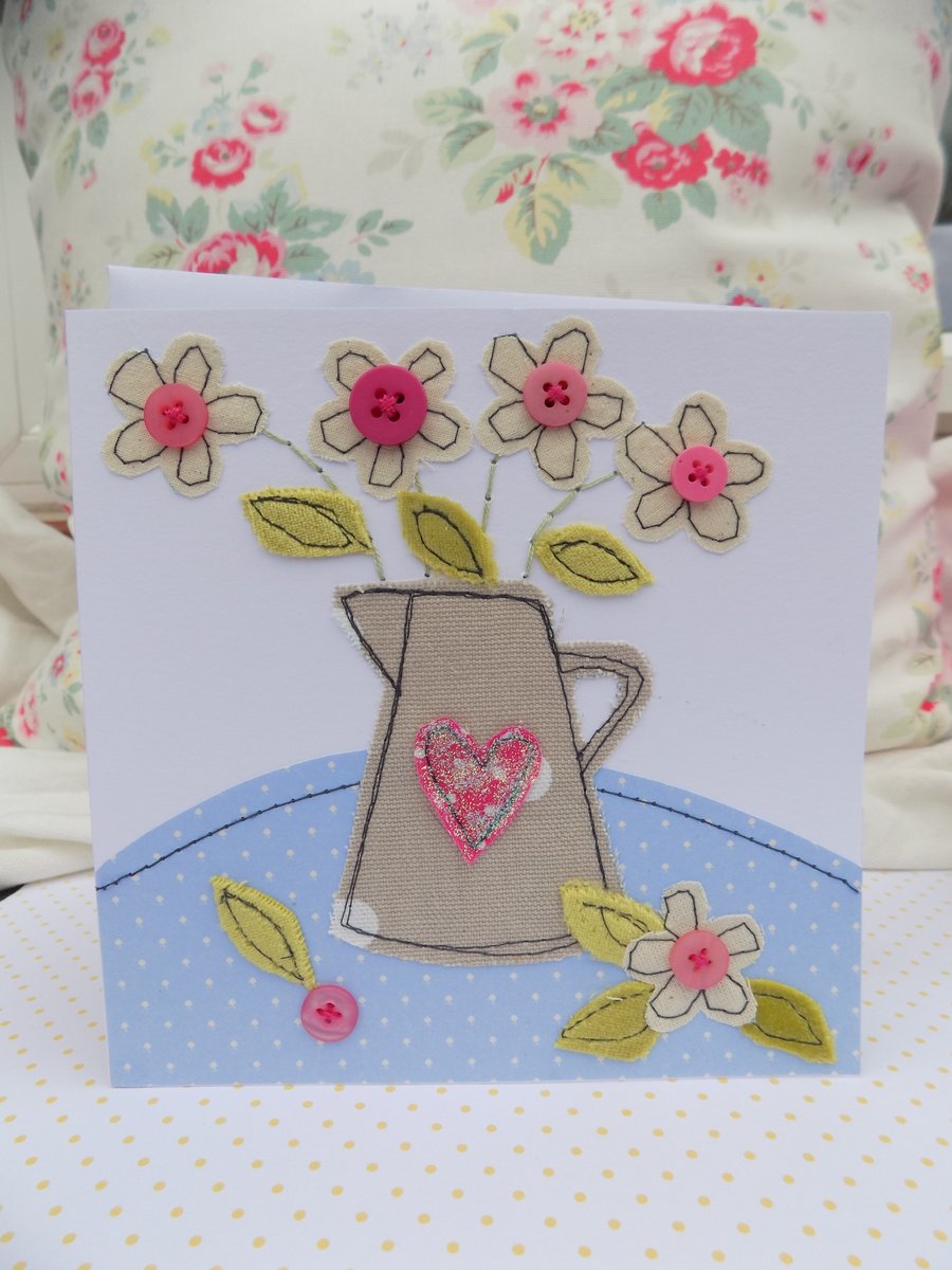 Greeting Card Original Stitched Fabric Pretty Jug of Flowers Blank Birthday