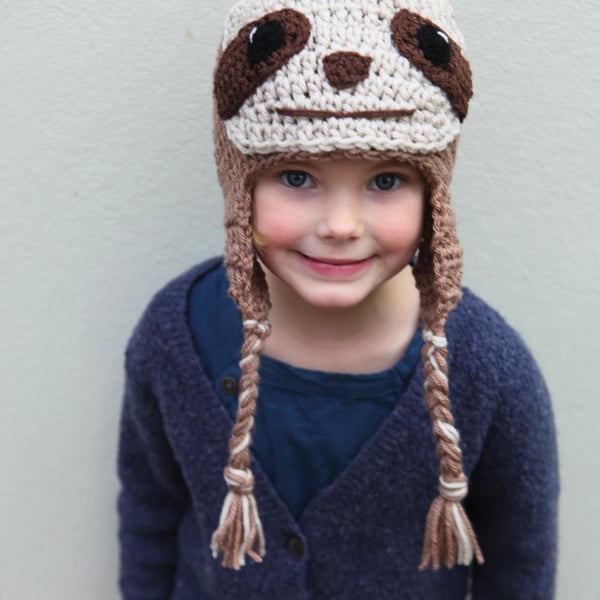 Crochet sloth winter hat, toddler, child adult sizes, novelty hat