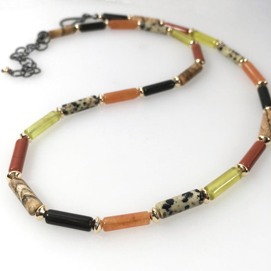 Autumn coloured gemstone silver and gold bead necklace