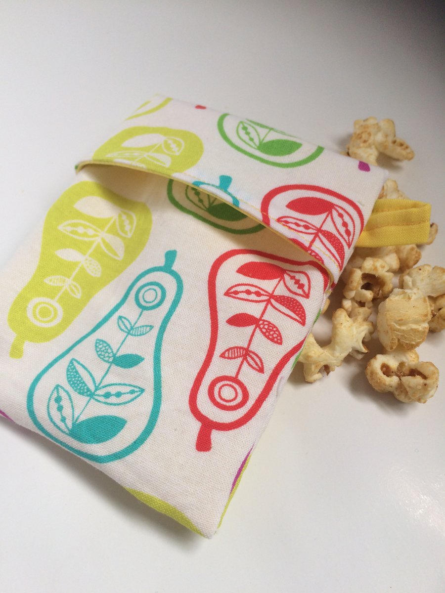 Reusable, eco-friendly Toddler snack sack in pear fabric and PUL lining