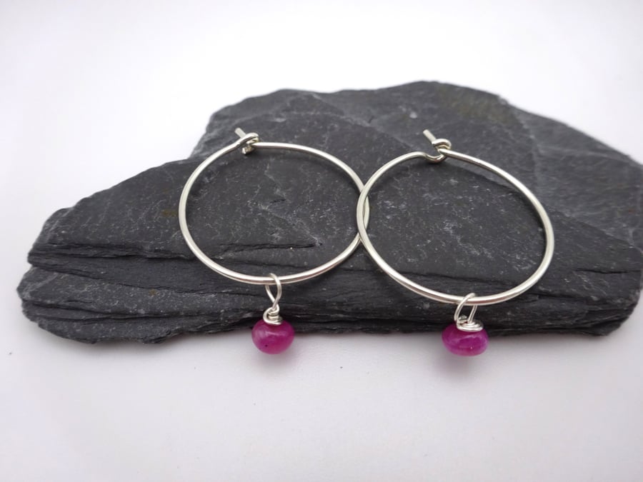 sterling silver hoop earrings, ruby
