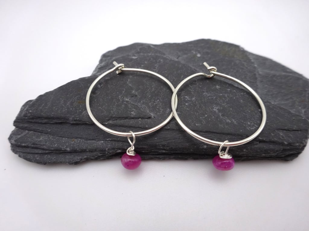 sterling silver hoop earrings, ruby