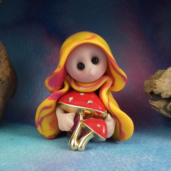 Tiny Garden Gnome 'Shula' with toadstool 1.5" OOAK Sculpt by Ann Galvin