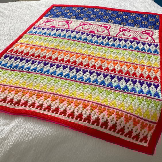 Sleep Tight Little Bear Crocheted Blanket - Rainbow Colours